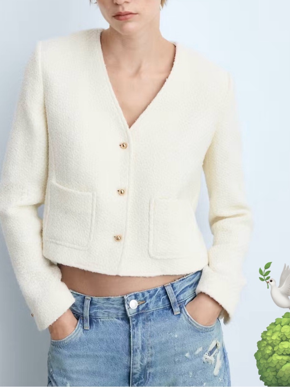 Mango Cream Bouclé V-Neck Cropped Jacket with Gold Buttons